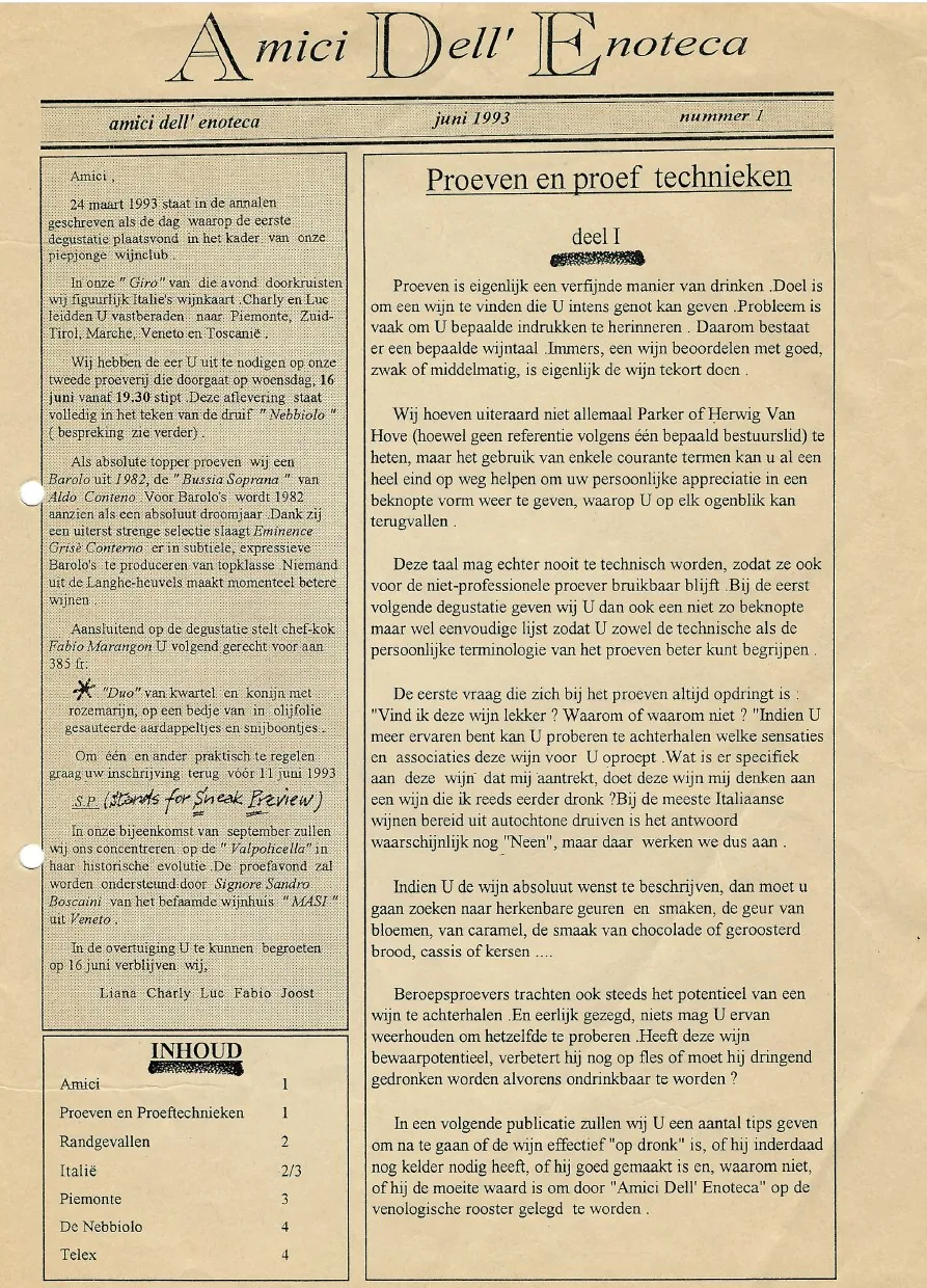 De voorpagina van het eerste clubblad van Amici dell’Enoteca, juni 1993, nummer 1